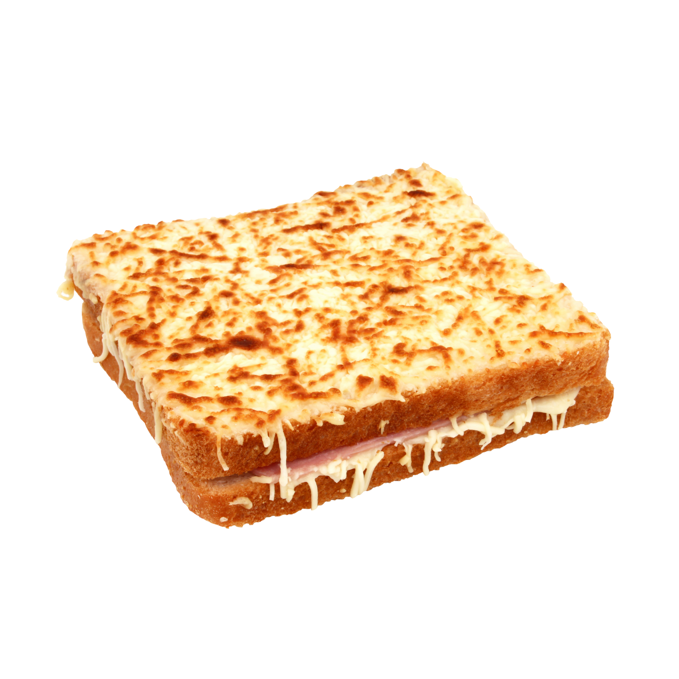 Un sandwich grillé au jambon avec du fromage fondu et gratiné sur le dessus, sur fond blanc.