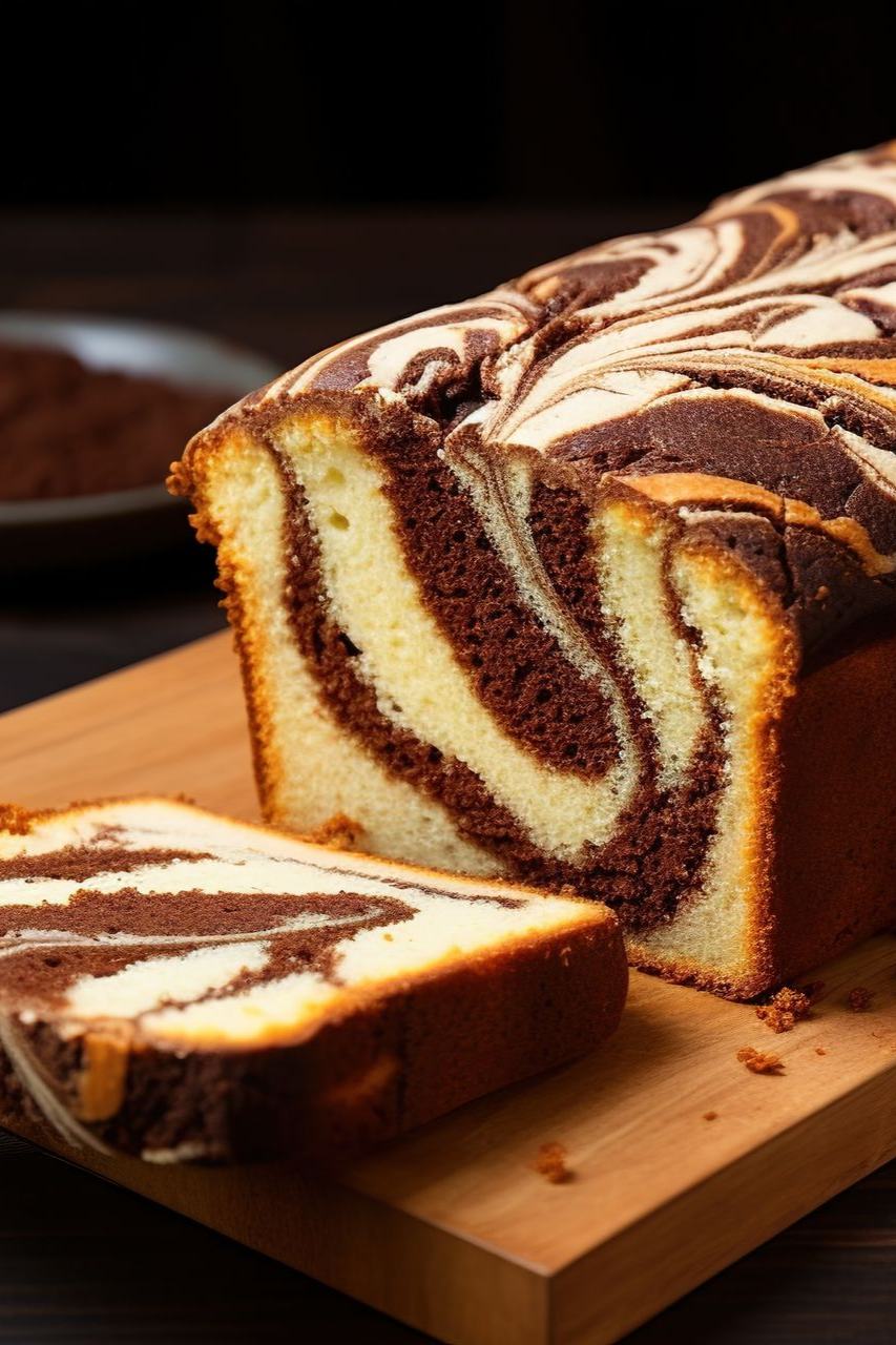 Un morceau de gâteau marbré au chocolat et à la vanille, tranché, posé sur une planche à découper en bois.