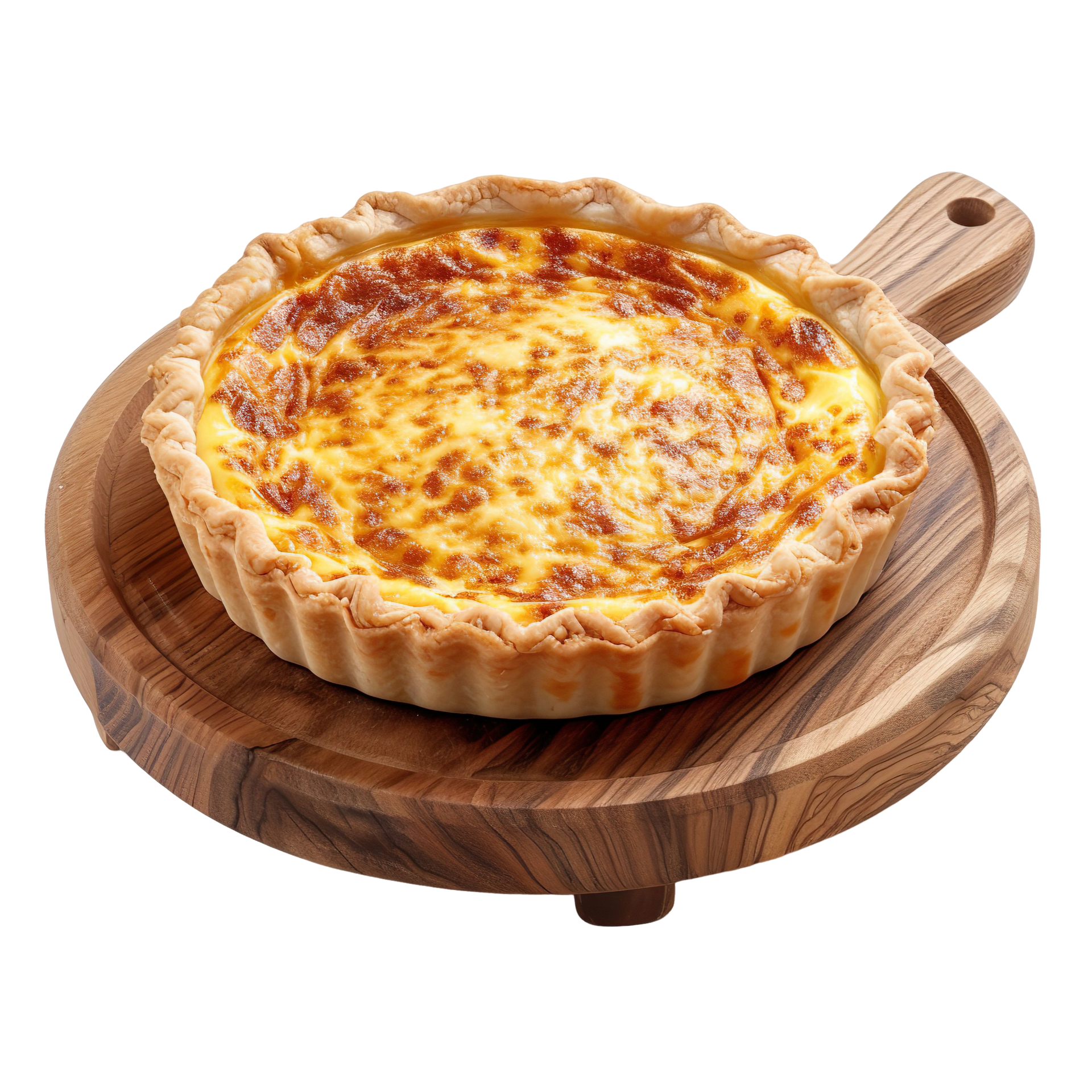 Une quiche cuite au four, à la croûte dorée et feuilletée, est posée au centre d'une planche de service ronde en bois munie d'une poignée.