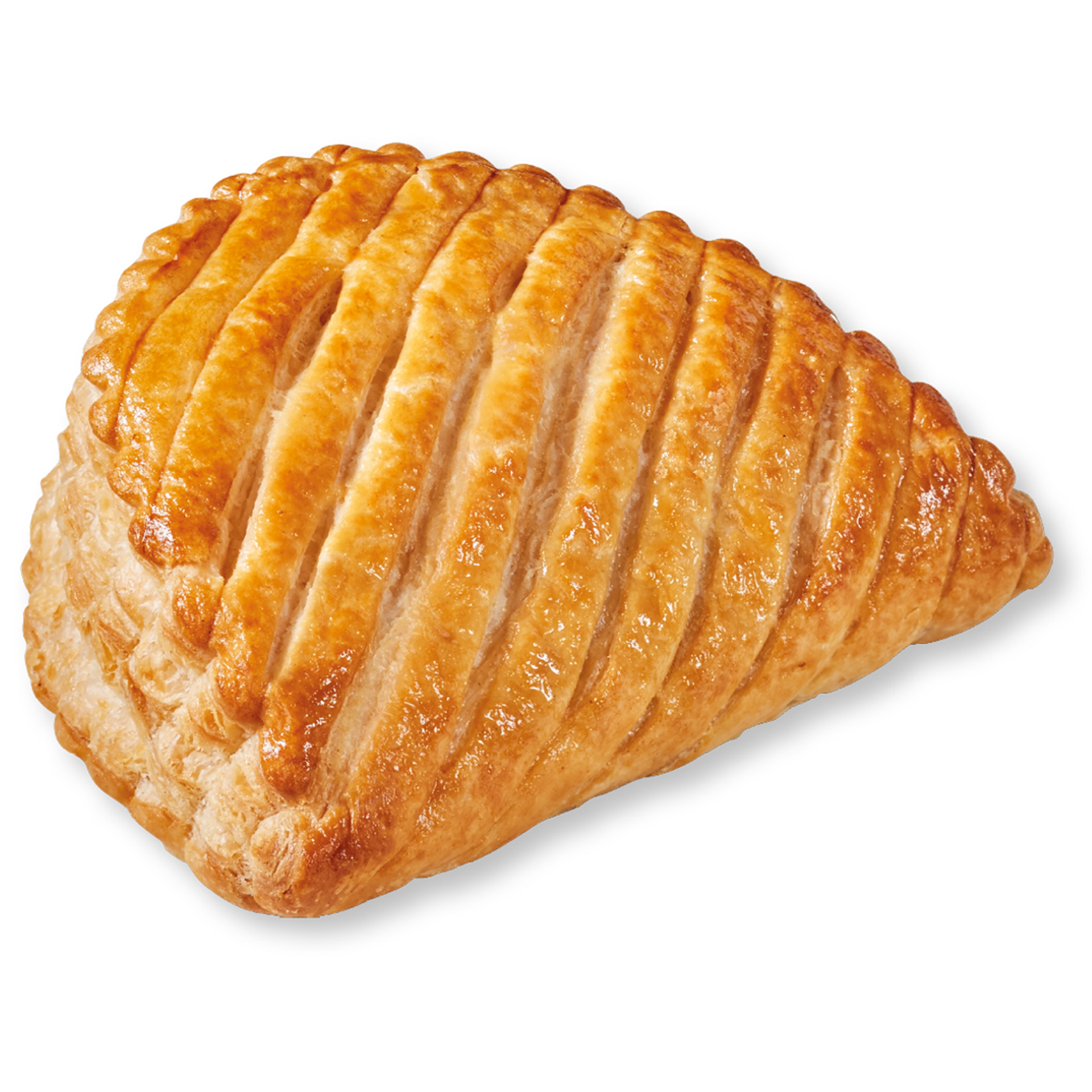 Un chausson aux pommes doré, orné d'un motif décoratif incisé sur sa croûte supérieure.
