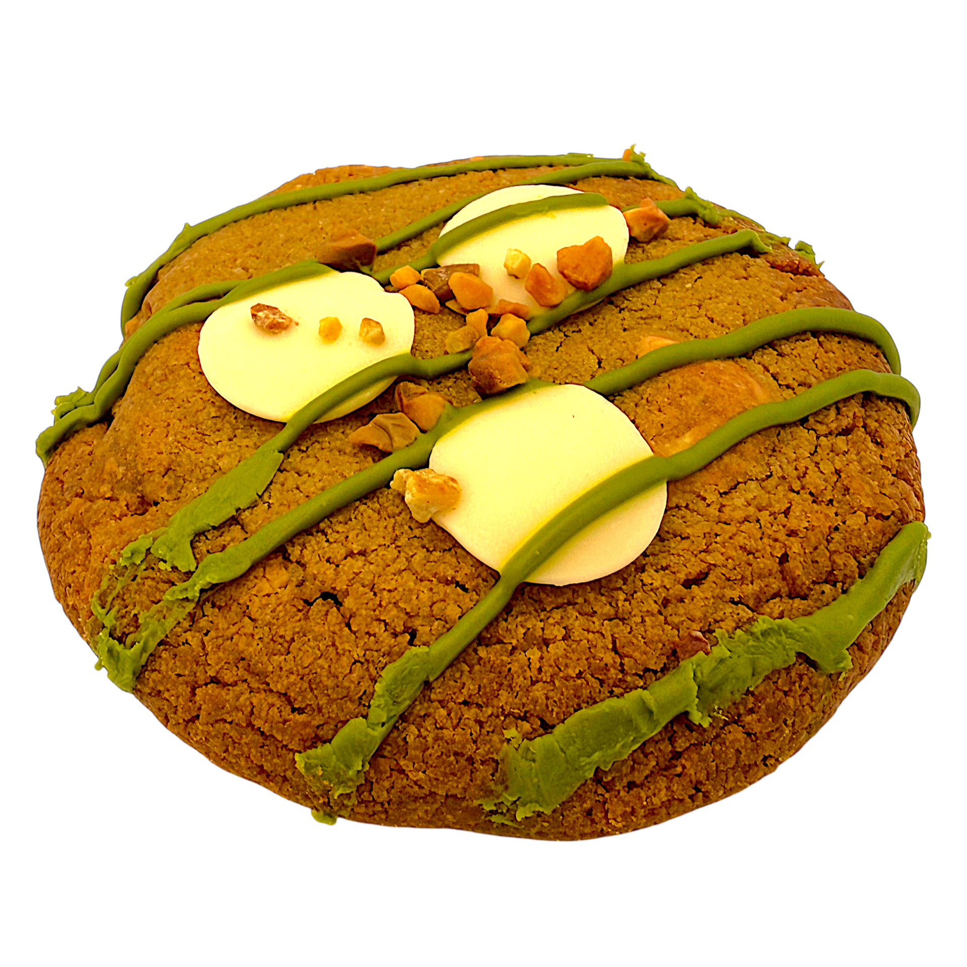 Deux cookies ronds et dorés, garnis de pépites de chocolat blanc, sur fond blanc.
