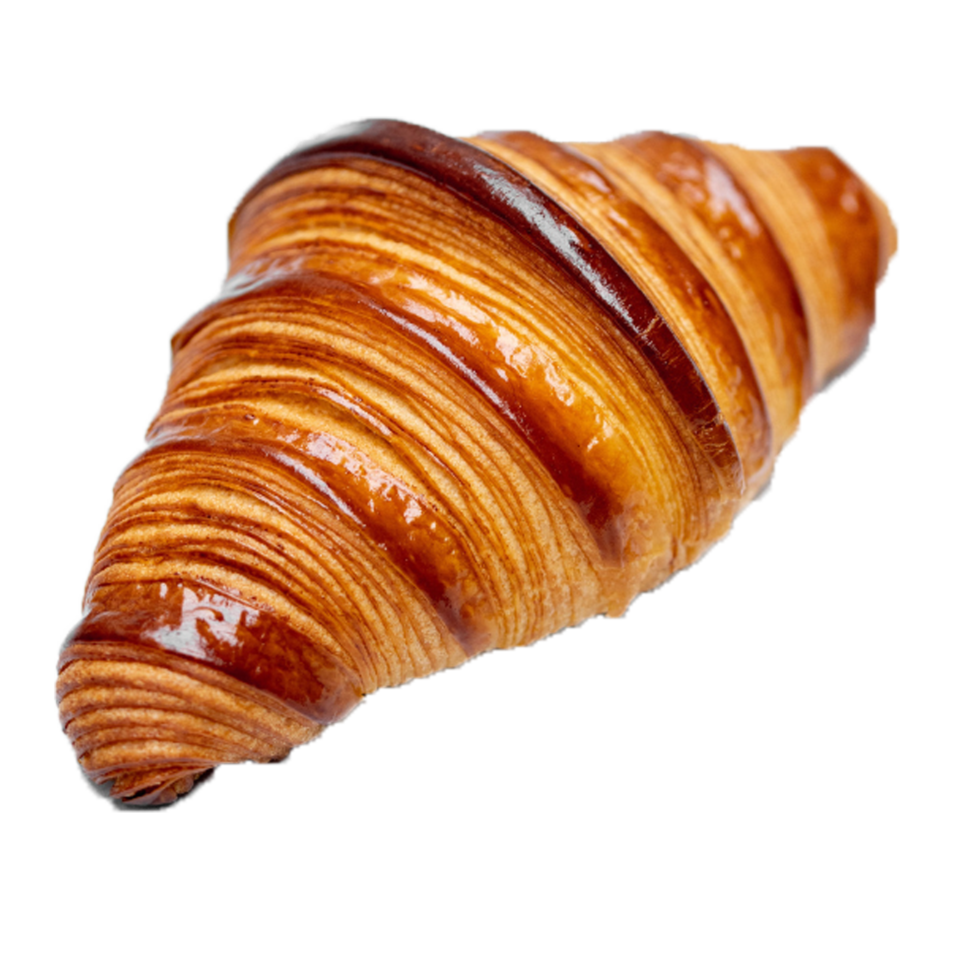 Un croissant doré et feuilleté sur fond blanc.