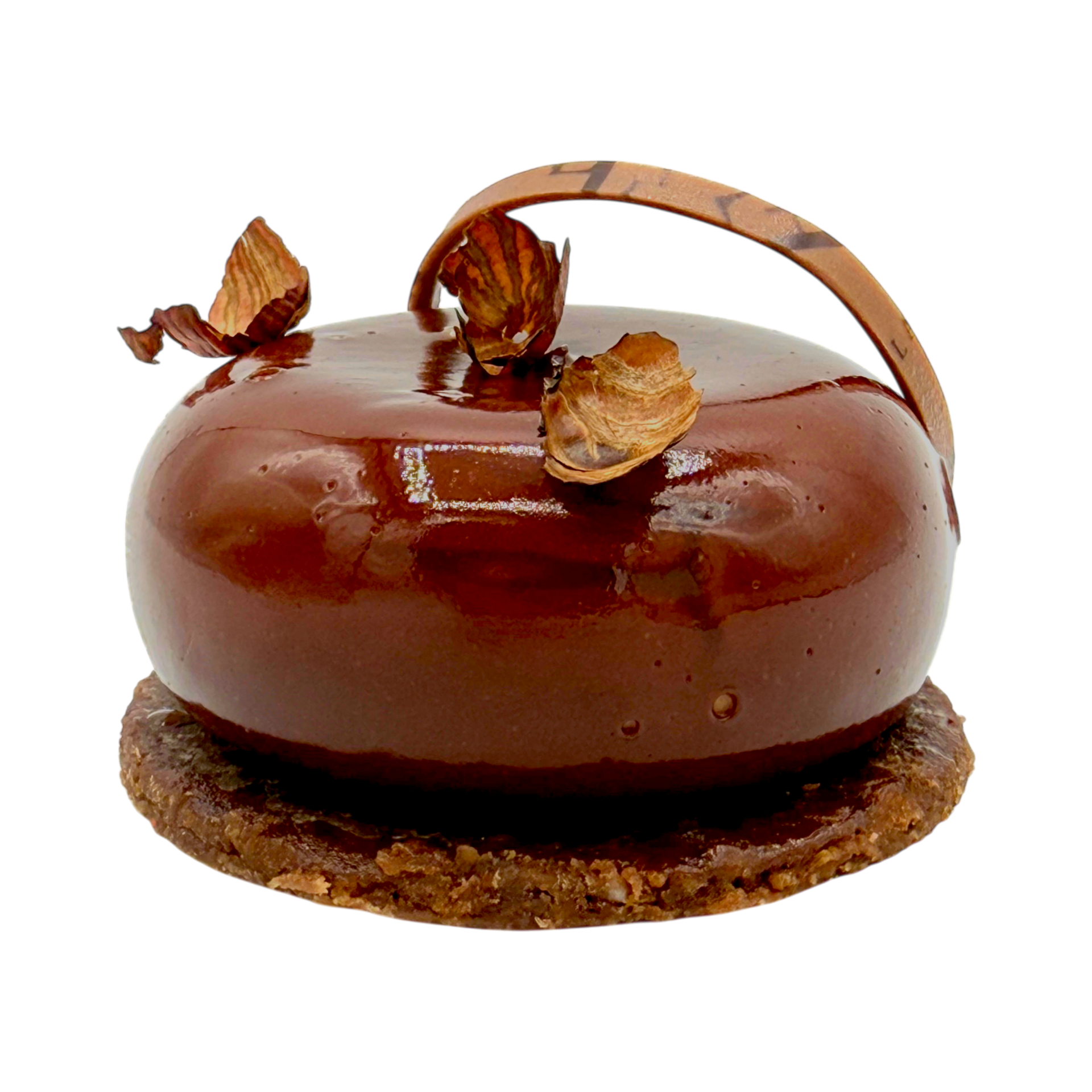 Un dessert en forme de dôme, recouvert d'un glaçage au chocolat brillant, repose sur une base de biscuit brun texturé, le tout garni de petits copeaux de chocolat.