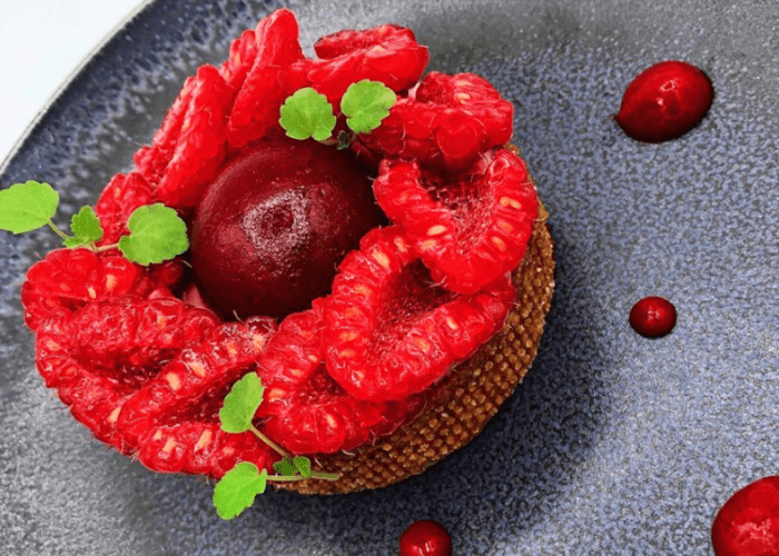 Une tarte aux framboises sur une assiette grise mouchetée, garnie d'un dôme gelé à la framboise et de petites feuilles vertes, avec quelques gouttes de sauce à côté.