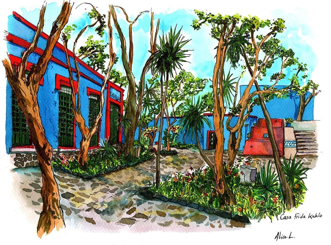 Illustration carnet de voyage - Maison de Frida Khalo - Mexique. Encres sur papier.