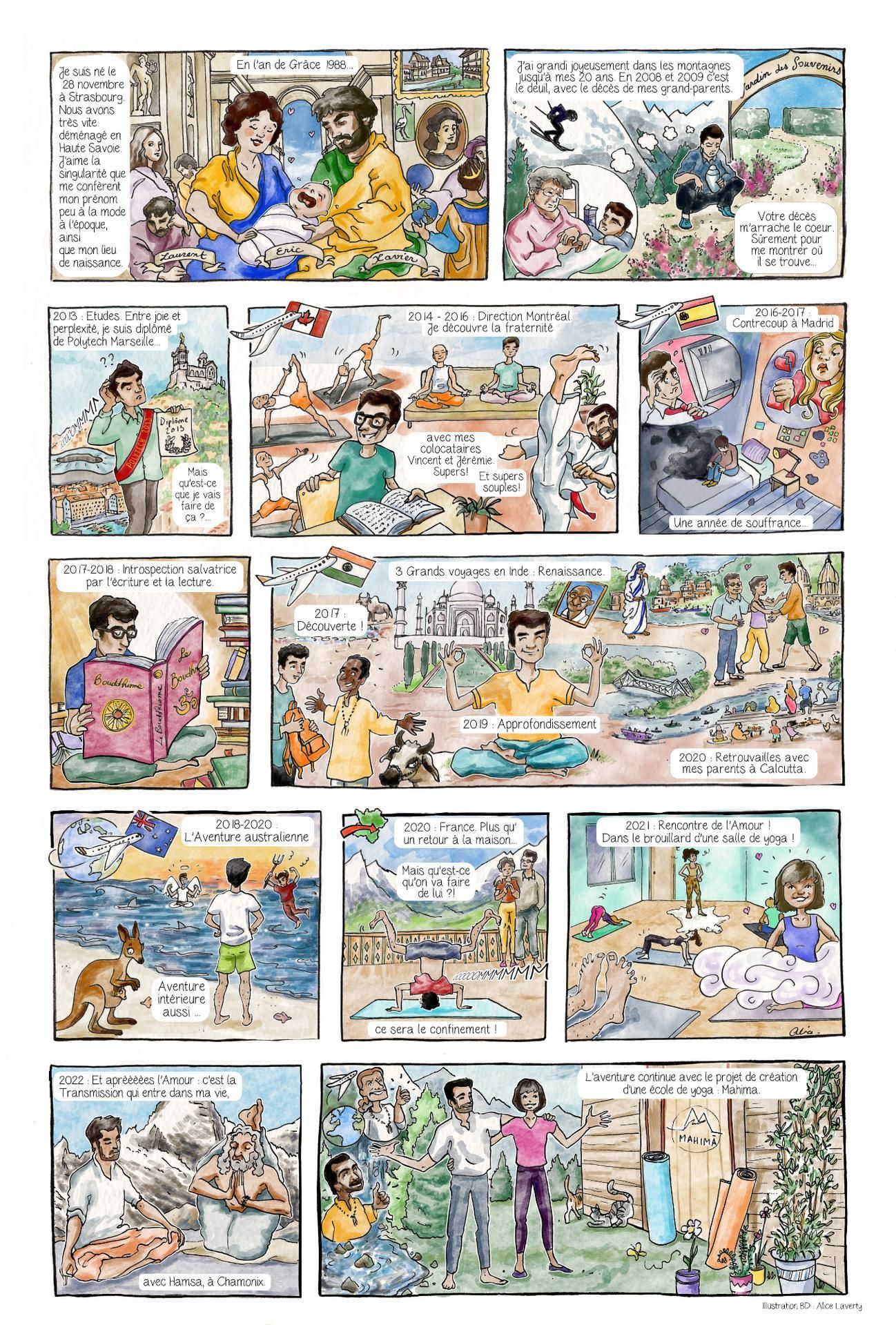 Planche de bande dessinée biographique pour Eric Chassagnol Yoga