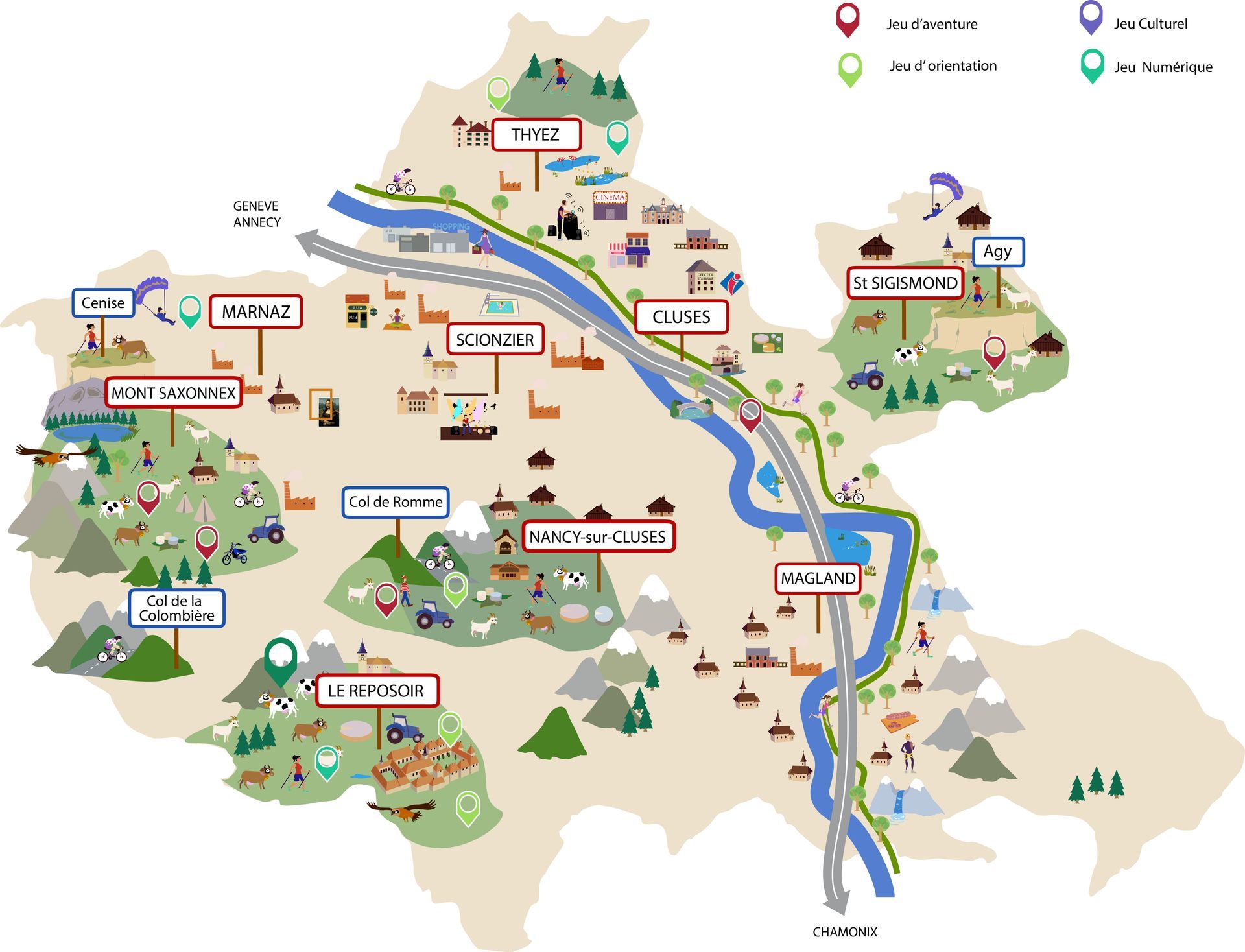 Carte pour brochure touristique pour l'Office de Tourisme de Cluses - 2CCAM