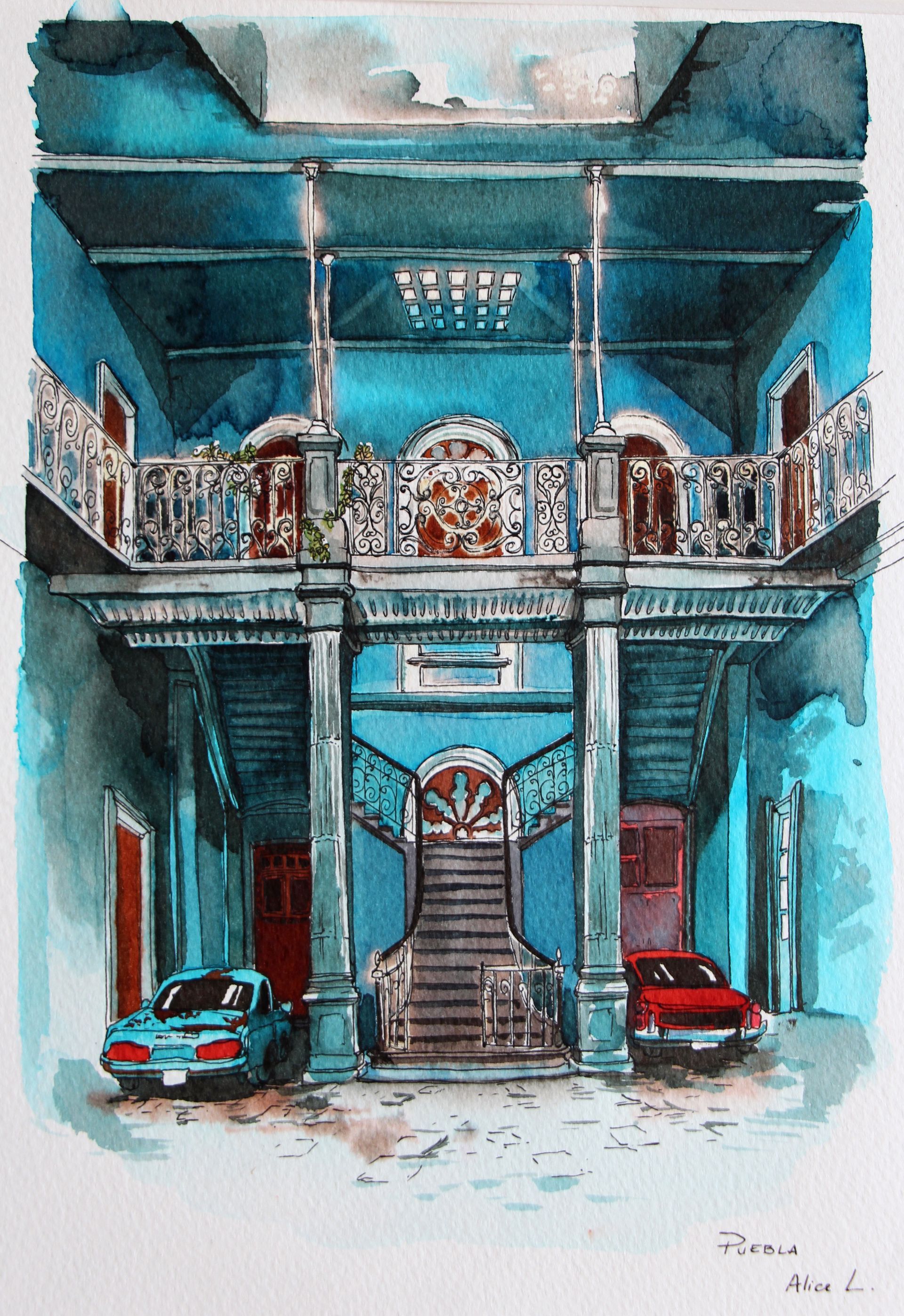 Illustration carnet de voyage - Maison de Merida - Mexique. Encres sur papier.