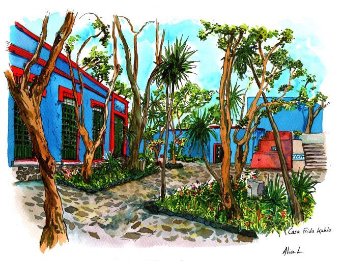 Illustration carnet de voyage - Maison de Frida Khalo - Mexique. Encres sur papier.