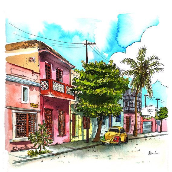 Illustration carnet de voyage - Maison de Frida Khalo - Mexique. Encres sur papier.
