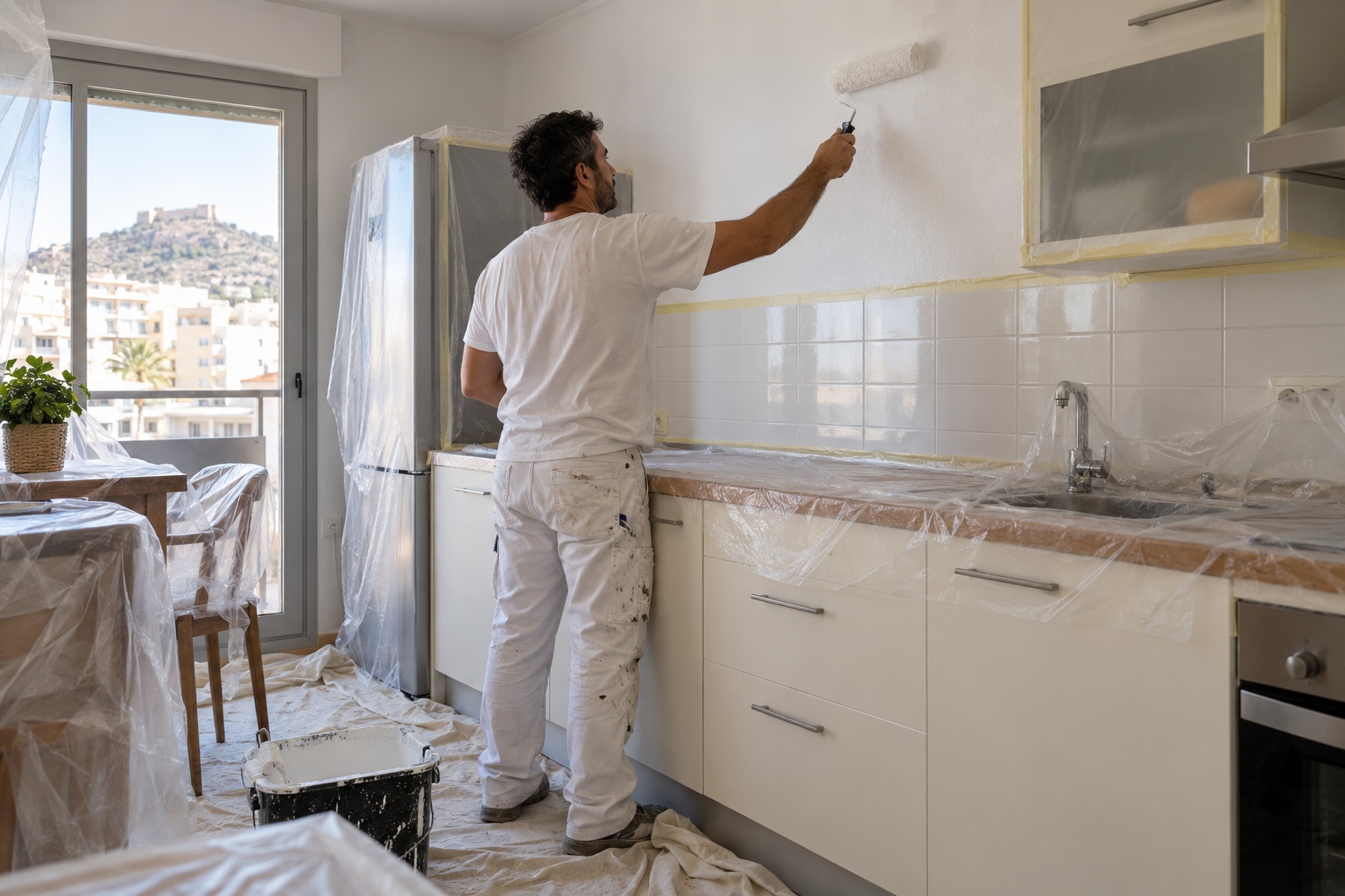 Persona pintando los armarios de cocina en una cocina luminosa y recién renovada