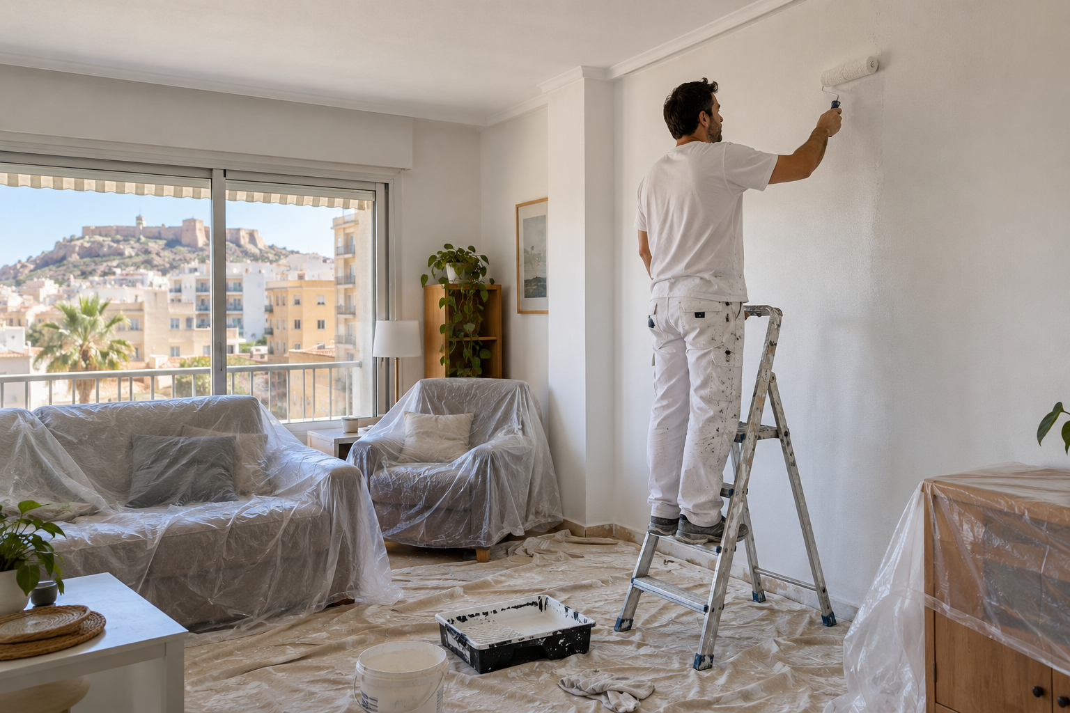 Un pintor subido a una escalera pinta una pared blanca en un salón