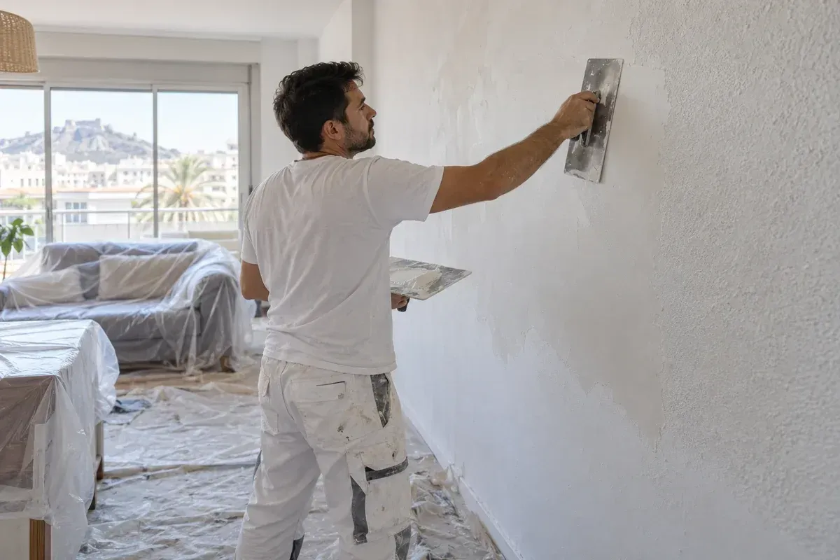 Un pintor subido a una escalera pinta una pared blanca en un salón