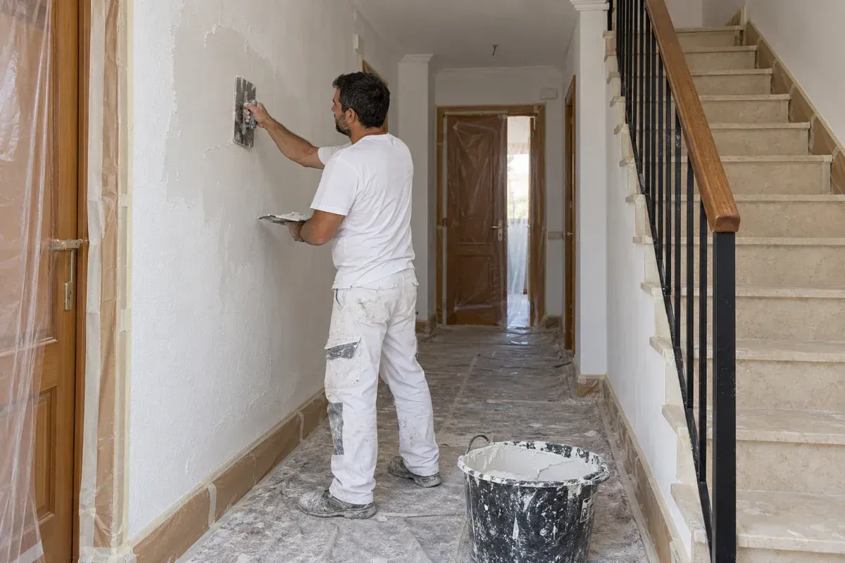 Un pintor vestido de blanco pinta la pared de un pasillo junto a una escalera y unos cubos de pintura.