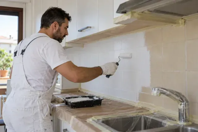 pintando azulejos en una cocina