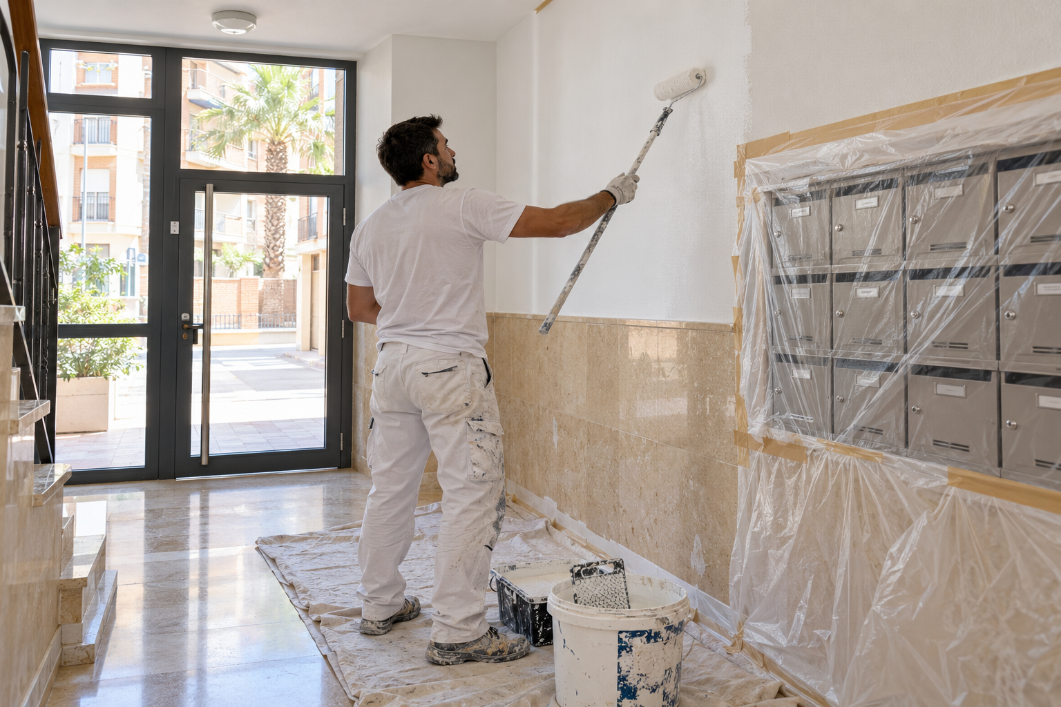 pintor pintando entrada a edificio