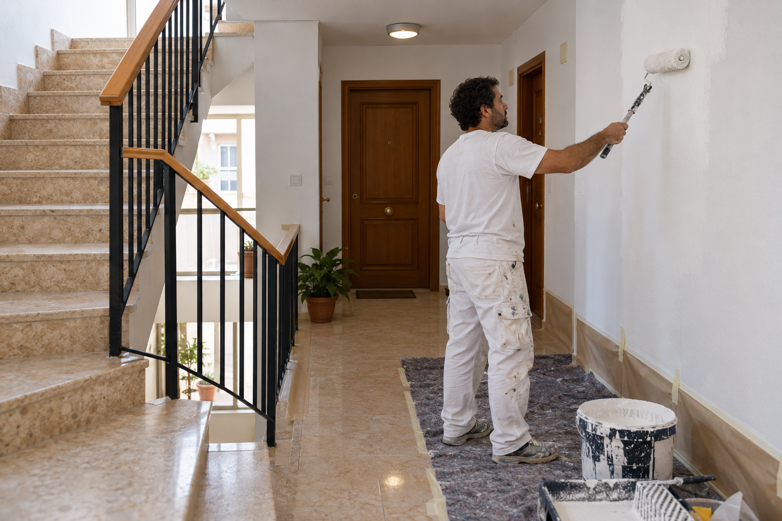 pintor pintando rellano en comunidad de vecinos