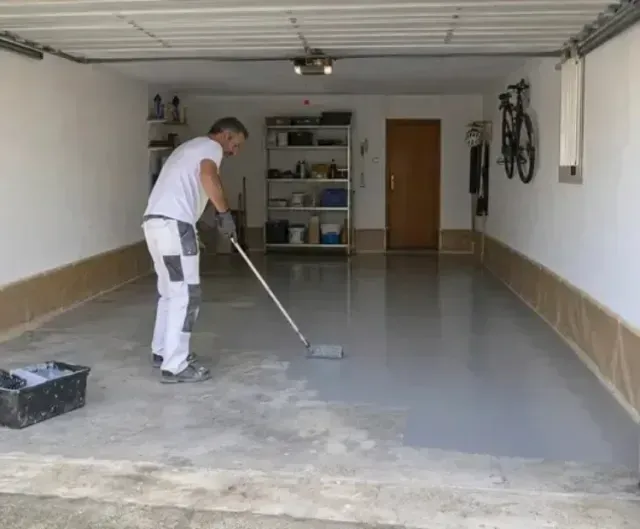 Pintor aplicando una capa de resina epoxi gris al suelo de un garaje con un rodillo