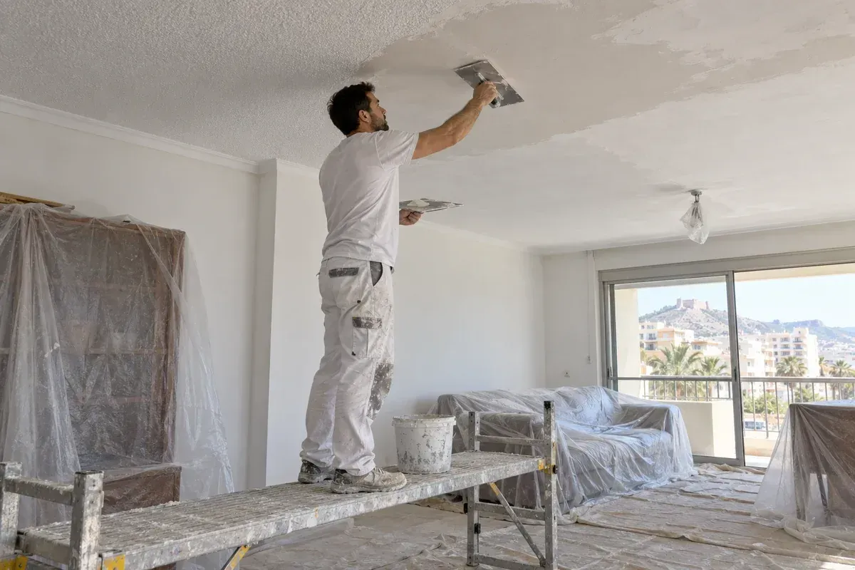 Persona pintando los armarios de cocina en una cocina luminosa y recién renovada