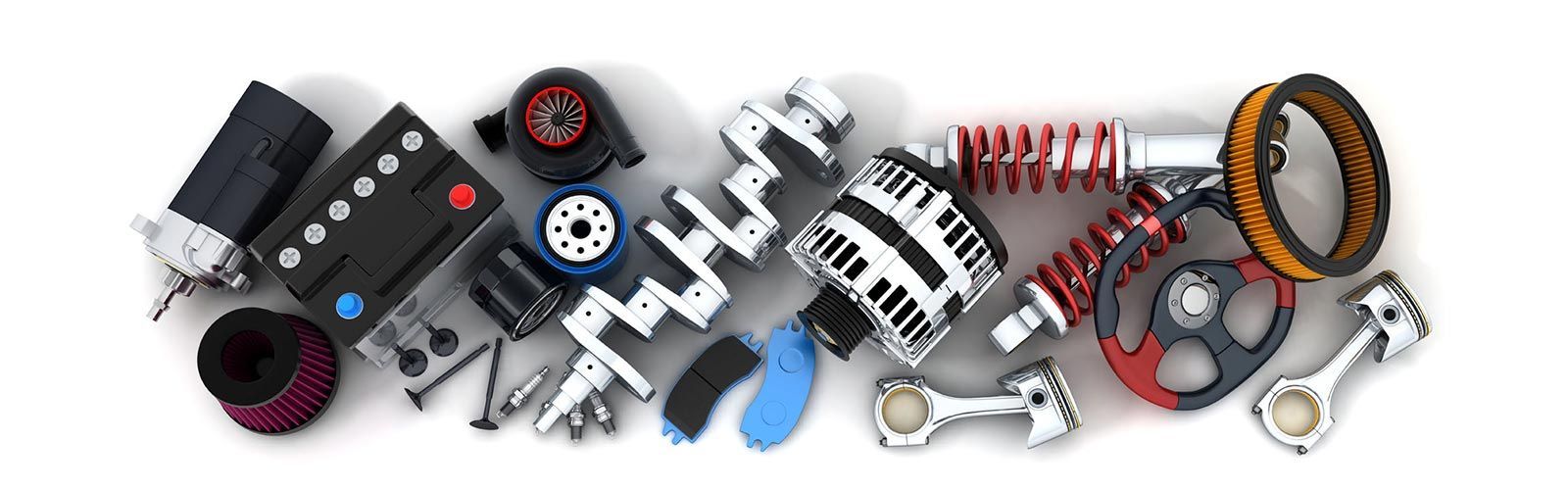 Piezas de coche dispuestas sobre fondo blanco. Incluye batería, componentes del motor y suspensión.