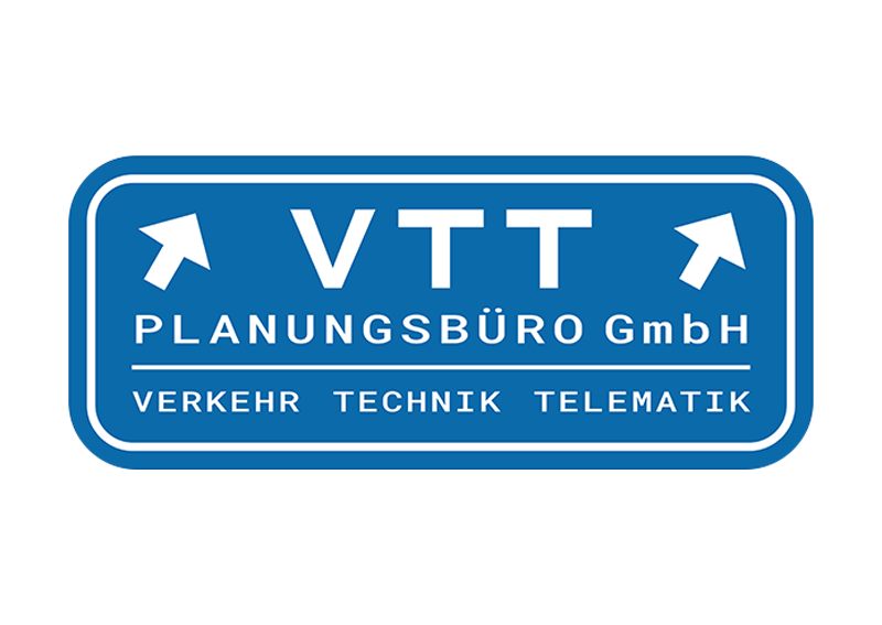 ein blaues und weißes Logo für vtt planungsbüro gmbh