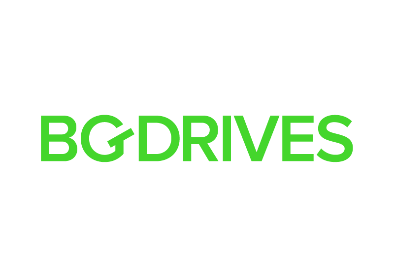 ein grünes Logo für bg drives auf weißem Hintergrund