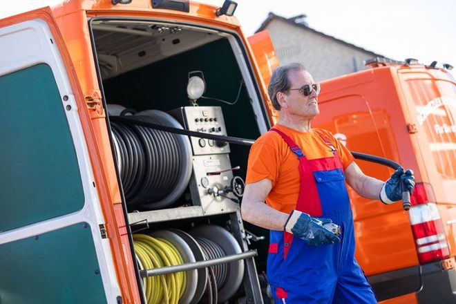 Arbeiter an einem offenen Abwasserschacht mit Sicherheitskegeln, Ausrüstung und einem in den Schacht hineinragenden Rohr.