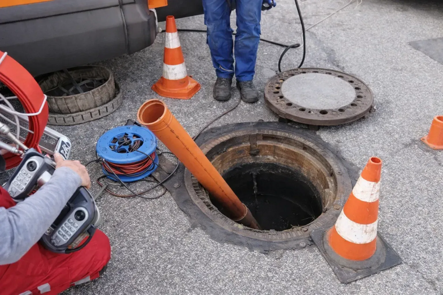 Arbeiter an einem offenen Abwasserschacht mit Sicherheitskegeln, Ausrüstung und einem in den Schacht hineinragenden Rohr.