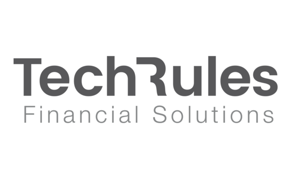 El logotipo de Tech Rules Financial Solutions es en blanco y negro.