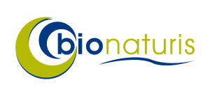 Un logotipo azul y verde para bionaturis sobre un fondo blanco.