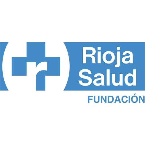 A blue and white logo for rioja salud fundacion