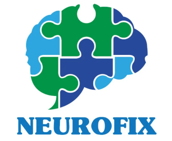Un logotipo para Neurofix con un cerebro hecho de piezas de rompecabezas.