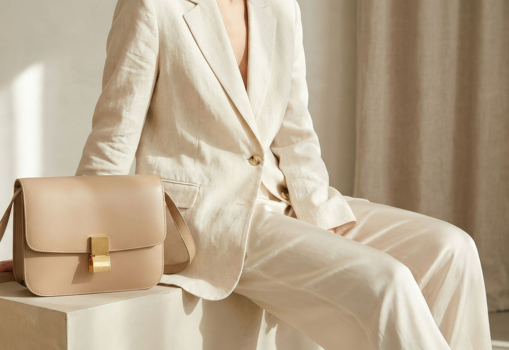 Femme en costume beige, assise à côté d'un sac à main beige sur une chaise devant un rideau en arrière-plan.