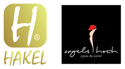 Dos logotipos: dorado "HAKEL" con "H" dorada dentro de un cuadrado dorado, logotipo negro "angels hroch