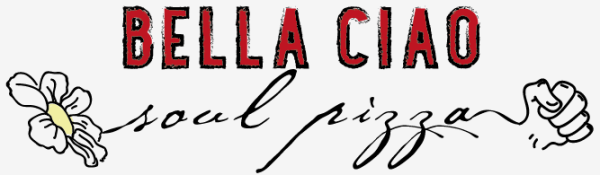 Logotipo de pizza soul Bella Ciao con texto rojo e ilustraciones florales y manuales.