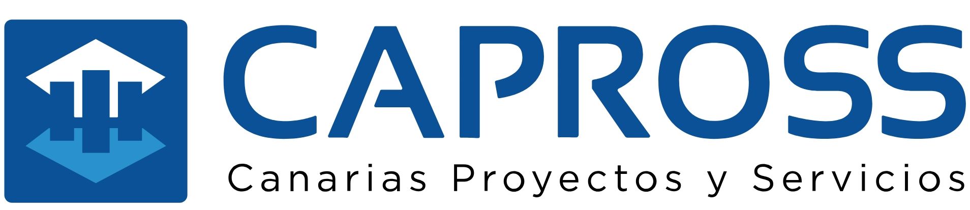 Logotipo de CAPROSS, empresa canaria de proyectos y servicios. Se utilizan los colores azul y blanco.