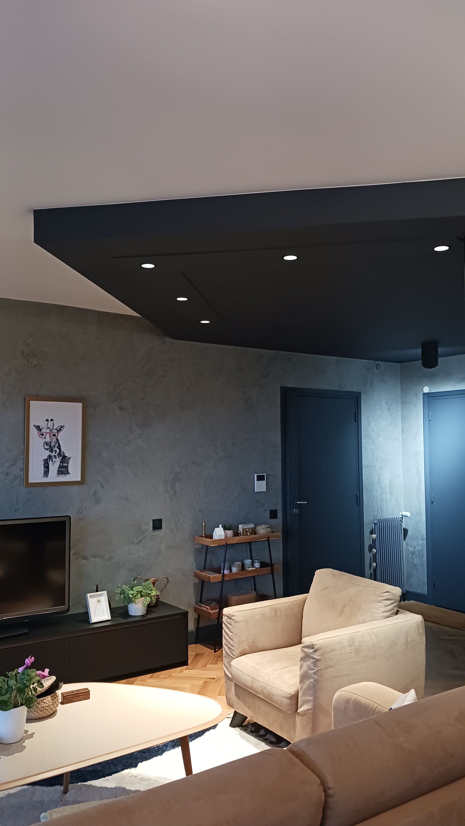 Salon avec murs gris, plafond foncé et fauteuil beige.