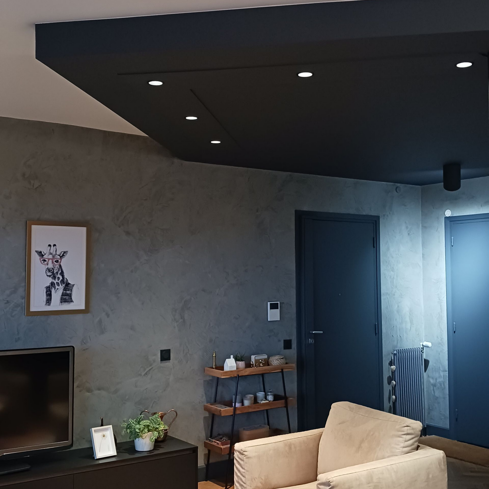 Salon avec murs gris foncé, plafond noir, spots encastrés, tableaux encadrés et fauteuil beige.