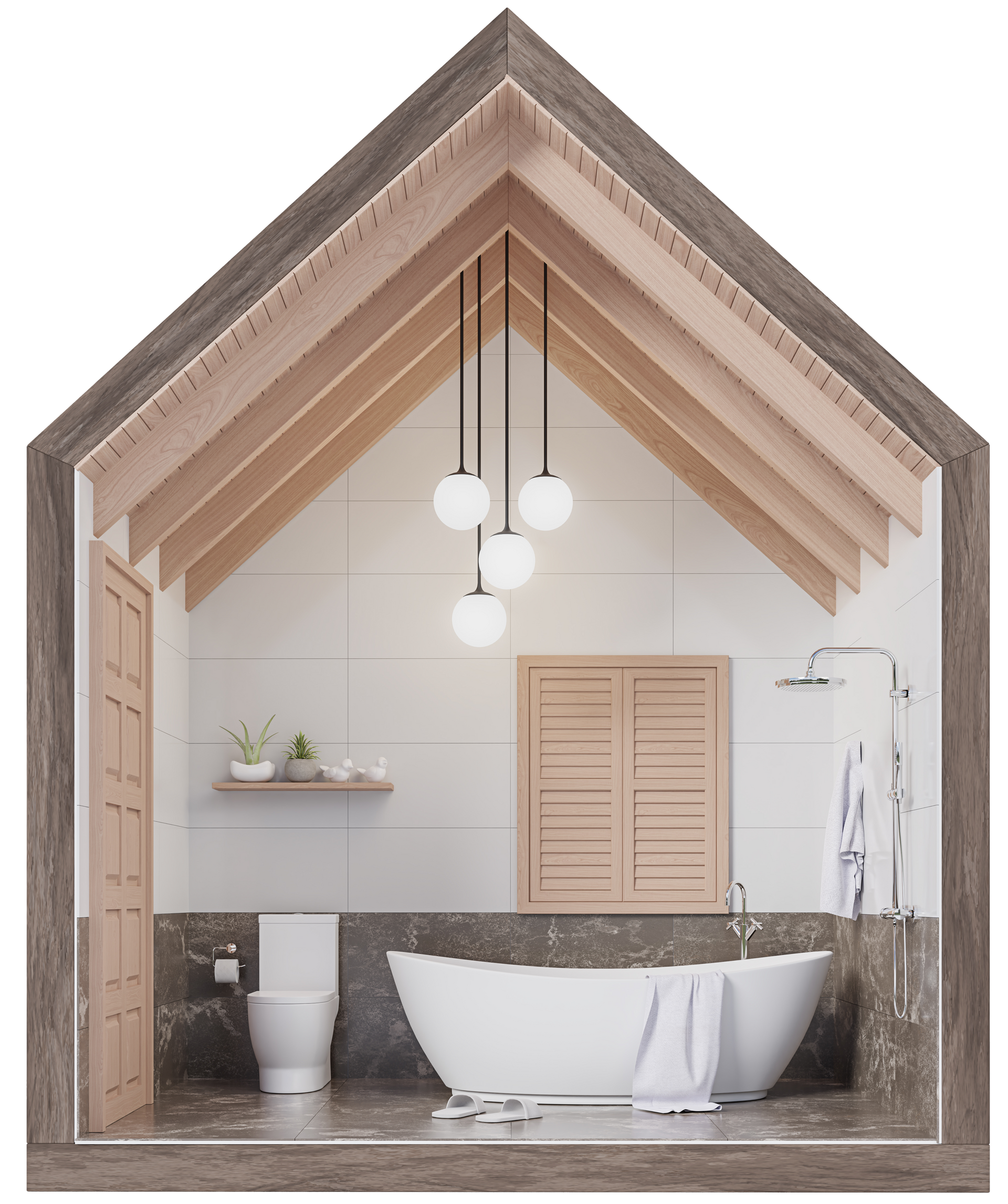 Intérieur de la salle de bains : baignoire blanche, toilettes et luminaires suspendus sous un plafond à poutres apparentes.