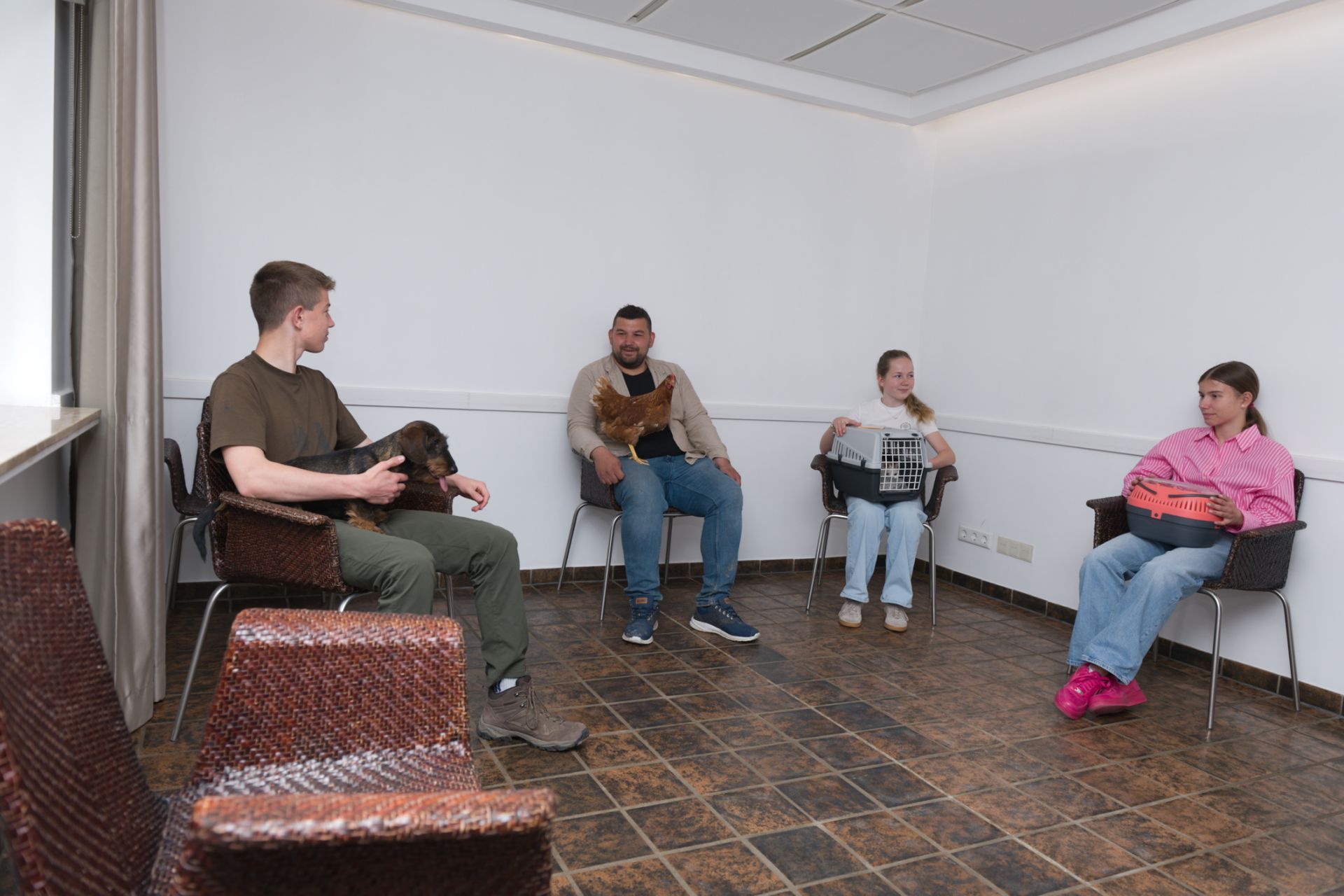 Vier Personen sitzen in einem Wartezimmer. Eine hält einen Hund, eine andere eine Katze.