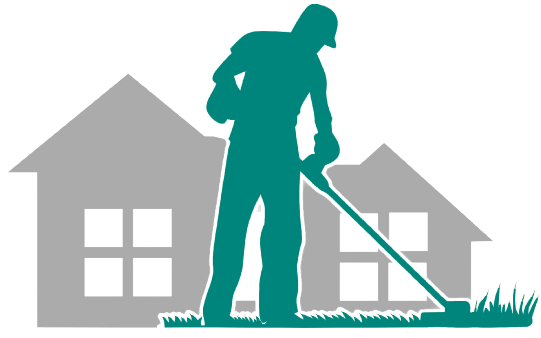 Ein Mann schneidet die Rasenkante vor zwei grauen Häusern. Türkisfarbene Silhouette vor weißem Hintergrund.