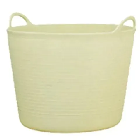 Cesta de almacenamiento tejida de color amarillo pálido con dos asas.