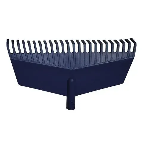 Rastrillo de jardín de metal azul oscuro con púas anchas sobre fondo blanco.