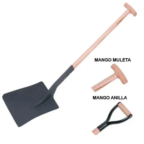 Pala con mango largo de madera y dos empuñaduras alternativas etiquetadas como “Mango muleta” y “Mango anilla”.