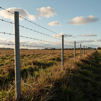 Postes de alambre de púas bordean un campo de hierba bajo un cielo parcialmente nublado.