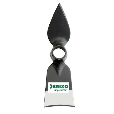 Espátula de metal negro con orificio central redondo y etiqueta blanca de Brixo en el mango.