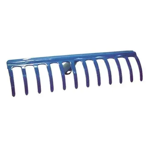 Peineta de plástico azul con dientes anchos y un pequeño orificio para colgar.