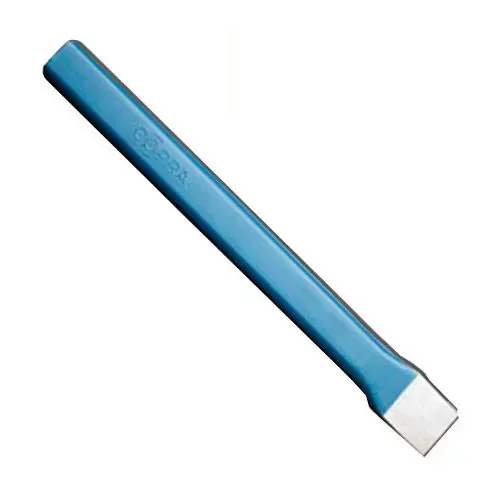 Palanca con mango azul y punta metálica plana sobre fondo blanco.