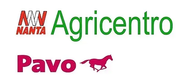 Collage de logotipos para Nanta Agricentro y Pavo, con texto en rojo, verde y rosa y la silueta de un caballo rosa.