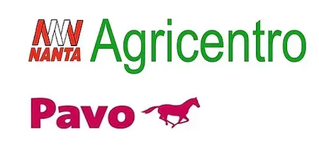 Collage de logotipos para Nanta Agricentro y Pavo, con texto en rojo, verde y rosa y la silueta de un caballo rosa.